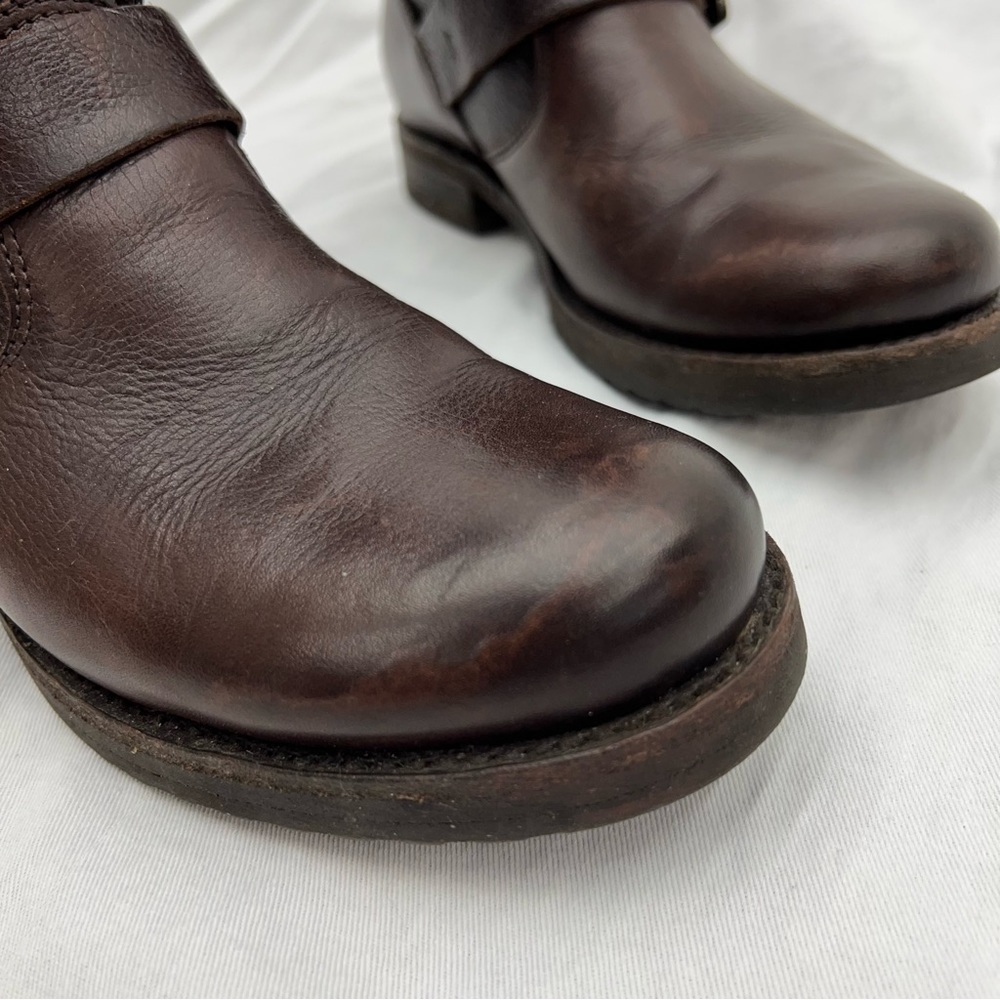 Frye harness buckle strap brown leather mid calf boots moto riding motorcycle 7B - Picture 3 of 16